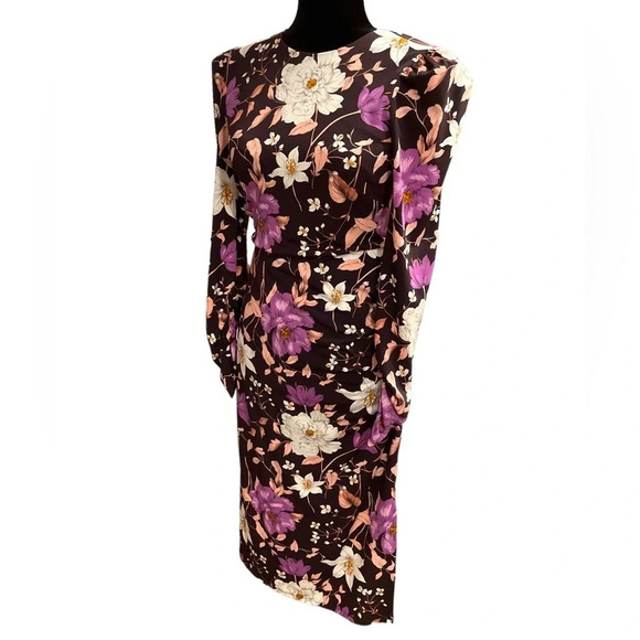 ELIZA J FLORAL LONG SLEEVE BODY-CON MIDI DRESS IN AUBERGINE size 2 - Picture 2 of 9